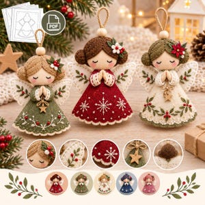 May include: Three felt angel ornaments with closed eyes and hands in prayer. Each features a hanging loop, a wooden bead, and embroidered details including snowflakes, leaves, and berries. The angels wear dresses in green, red, and cream, with white wings.