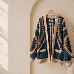 Può includere: Un cardigan all'uncinetto a maniche lunghe con un motivo geometrico in verde ottanio scuro, giallo senape, crema e viola intenso. Il capo presenta un bordo a coste color crema lungo l'apertura frontale, i polsini, l'orlo e due tasche.