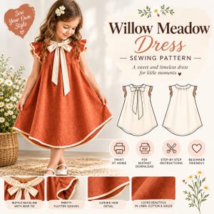 Op de afbeelding: Een naaipatroon voor de Willow Meadow jurk, met een roestkleurig kledingstuk met een crèmekleurige rucheskraag, een strik en vlindermouwen. Het ontwerp bevat een gebogen zoom, geïllustreerde voor- en achteraanzichten en iconen voor PDF-download, printen en stapsgewijze instructies.