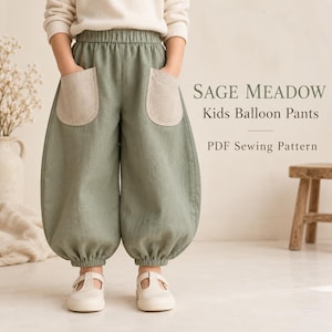 May include: Sage green balloon trousers with an elasticated waistband and two large beige patch pockets. The text SAGE MEADOW Kids Balloon Pants PDF Sewing Pattern is visible on the right side. The trousers feature a gathered hem at the ankles.