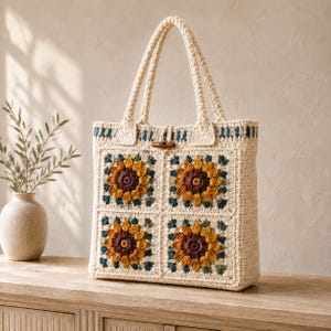 May include: A cream-coloured crochet tote bag featuring four square panels with sunflower motifs in shades of yellow, brown, and dark teal. The bag has two sturdy crocheted handles and a single wooden toggle button closure at the top centre.