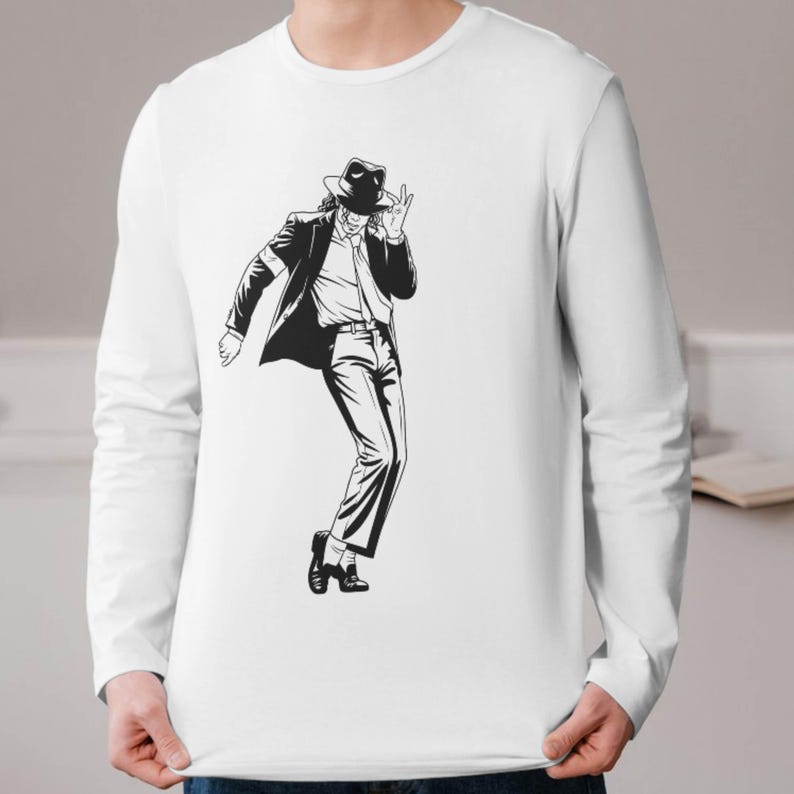 May include: White long-sleeve shirt featuring a black and white illustration of a person in a suit and hat, striking a dance pose. The graphic is a stylized depiction of a famous performer.