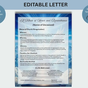 May include: A blue and white memorial document with the text "A Tribute of Honor and Remembrance." The document includes sections for the deceased's name, church, and a poem titled "A Life Well Lived."
