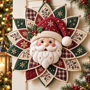 Santa Quilted Door Wreath Pattern, Poinsettia Wall Hanging (Digital Download)