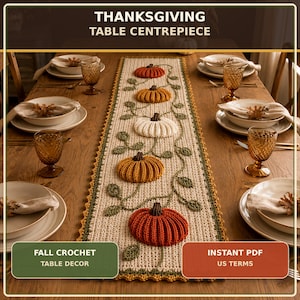 Puede incluir: Un camino de mesa de ganchillo rectangular con base color crema y un patrón de calabazas naranjas, amarillas y blancas unidas por enredaderas verdes. El texto dice THANKSGIVING TABLE CENTREPIECE, FALL CROCHET TABLE DECOR, INSTANT PDF US TERMS.