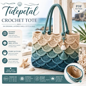 Puede incluir: Un bolso de ganchillo con un patrón de conchas superpuestas en un degradado de beige, verde salvia y azul cerceta profundo. El bolso tiene dos asas resistentes y una borla decorativa con una cuenta de madera y un dije de concha. Texto: Tidepetal Crochet Tote.