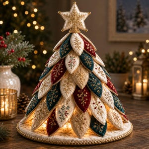 Könnte beinhalten: Ein dekorativer Tisch-Weihnachtsbaum aus geschichteten, blattförmigen Stoffstücken in Creme, Dunkelrot und Tannengrün. Jedes Blatt ist mit goldener Stickerei von Schneeflocken und Zweigen verziert. Eine Sternspitze krönt den Baum.