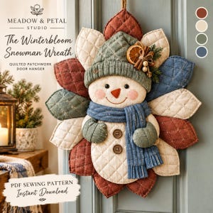 May include: A quilted fabric snowman door hanger featuring a sage green hat, a blue scarf, and two brown buttons. The snowman is surrounded by petal-shaped fabric pieces in rust, cream, sage, and blue. Text reads Meadow & Petal Studio.