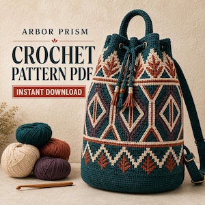 Può includere: Uno zaino all'uncinetto color verde ottanio con un motivo geometrico color crema, ruggine e viola scuro. La borsa presenta una chiusura a coulisse con nappe, un manico e spallacci. Testo: ARBOR PRISM CROCHET PATTERN PDF INSTANT DOWNLOAD.