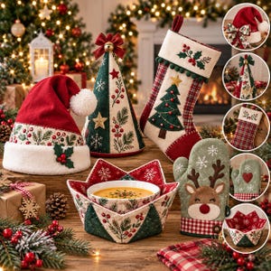 Pode incluir: Uma coleção de artigos de tecido com tema natalino, incluindo um gorro de Papai Noel vermelho e branco, uma decoração de árvore cônica, uma meia xadrez com árvore, um suporte para tigela com flocos de neve e uma luva de forno de rena.
