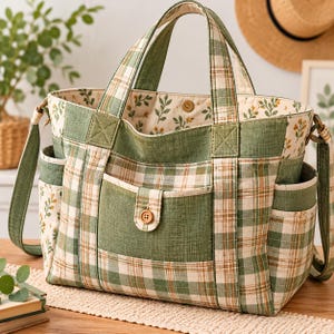 May include: A tote bag featuring a green and white plaid pattern with tan accents, two top handles, and a detachable shoulder strap. The exterior includes a front pocket with a button closure and side pockets. The interior lining has a floral print.