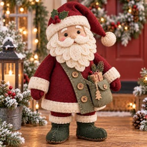 Può includere: Una statuetta di Babbo Natale in peluche che indossa un cappotto rosso scuro con bordi color crema, un cappello abbinato con pon pon e stivali verde scuro. La figura presenta una folta barba bianca, una tracolla verde con bottoni in legno.