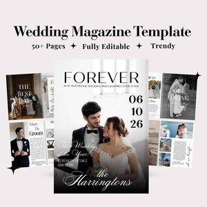 Può includere: Un modello di rivista di matrimonio digitale con oltre 50 pagine di layout modificabili. La copertina mostra una coppia in abiti formali con il testo FOREVER, JUNE 10, 2026, THE WEDDING ISSUE, HAPPILY EVER AFTER, The Wedding of the Year e The Harringtons.