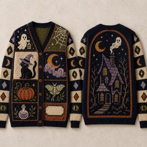 May include: A navy blue knit cardigan featuring a button-down front and long sleeves. The front panels display rectangular patches with a ghost, a black cat in a hat, a pumpkin, a moth, a spiderweb, and a crescent moon. The back features a large graphic of a house with a ghost, a moon, and bare trees.