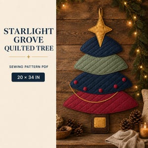 Peut inclure: Un patron de couture PDF Starlight Grove Quilted Tree mesurant 51 x 86 cm. La décoration murale présente un sapin matelassé à plusieurs niveaux en bleu marine, vert sauge et bordeaux avec une étoile dorée, des accents rouges et une base dorée.