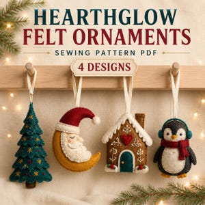 May include: Four felt ornaments hanging from a wooden rack, including a green Christmas tree, a crescent moon with a Santa face, a brown gingerbread house, and a penguin with a red scarf. Text reads HEARTHGLOW FELT ORNAMENTS SEWING PATTERN PDF 4 DESIGNS.