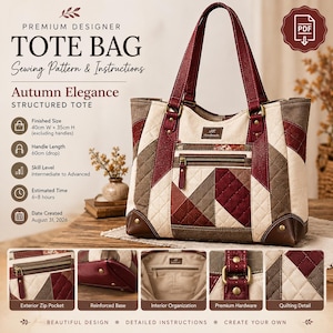 May include: A structured tote bag sewing pattern featuring a quilted geometric design in shades of burgundy, brown, and cream. The bag has two handles, an exterior zippered pocket, and reinforced corners. Text includes Premium Designer Tote Bag.