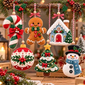 Op de afbeelding: Een set van zes vilten kerstornamenten hangend aan een tak, waaronder een zuurstok, een peperkoekmannetje, een huisje, een rode kerstbal, een versierde kerstboom en een sneeuwpop, allemaal voorzien van gedetailleerd stikwerk en versieringen.