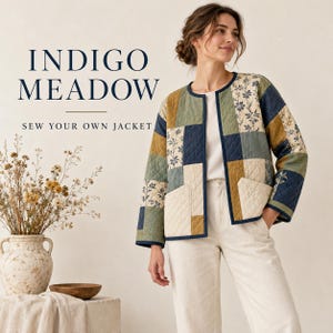 May include: A quilted jacket featuring a patchwork design of blue, green, and mustard yellow fabric squares with floral patterns. The text INDIGO MEADOW SEW YOUR OWN JACKET is visible. The jacket has a collarless neckline and two front pockets.