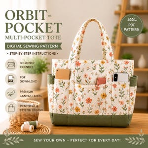 May include: A multi-pocket tote bag featuring a cream-colored fabric with a floral pattern of orange and pink flowers and green stems. The bag has a solid olive green base and side pockets, with two top handles and text reading ORBIT-POCKET.