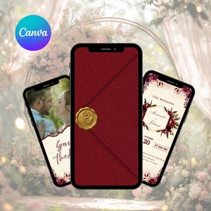 May include: Three smartphones displaying wedding invitation designs. The centre phone shows a dark red envelope with a gold wax seal. The left phone shows a couple, and the right phone displays text reading The Wedding, Alexander & Juliana, October 20.