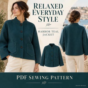 Harbor Teal Jacket Sewing Pattern, Stand Collar, Patch Pockets (PDF)
