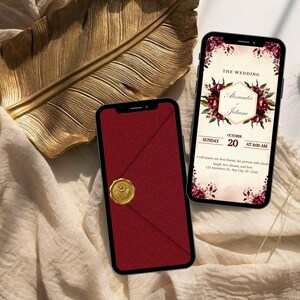 May include: Two smartphones displaying wedding invitation designs. One screen shows a deep red envelope with a gold wax seal. The other screen displays a cream-coloured invitation with burgundy floral accents, the text Alexander and Juliana, and date.