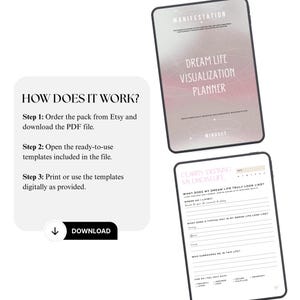 Könnte beinhalten: Ein digitaler Planer mit dem Text "Dream Life Visualization Planner" und "Manifestation". Der Planer enthält Vorlagen zur Definition von Zielen und zur Visualisierung von Träumen. Das Bild zeigt auch Anweisungen.