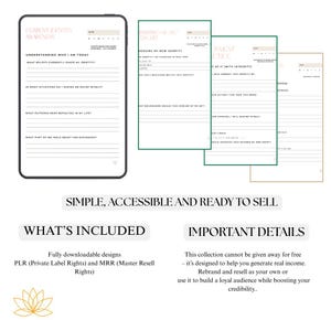 May include: A digital product mockup featuring a smartphone and several printable worksheets. The worksheets have headings like "Current Identity Awareness" and "Embodiment Practice." The image also includes text that reads "Simple, Accessible and Ready to Sell."