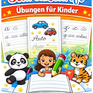 May include: A colorful children's workbook with the title "Schreibschrift" and the subtitle "Übungen für Kinder". The cover features a girl, a panda, and a tiger, along with writing practice sheets and the words "Auto" and "zirkus".
