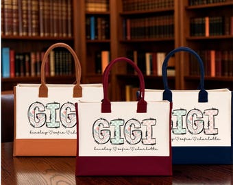 Personalized Floral Gigi Tote Bag, Custom Grandkids Tote, Floral Grandmother Tote, Patchwork Gigi Tote, Gigas Tote, Custom Grandmama Tote