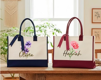 Personalized Birth Flower Tote Bag, Custom Name Floral Shoulder Bag (10 oz. Cotton)