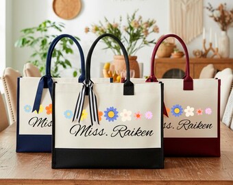 Personalized Floral Teacher Tote Bag, Custom Name Design, Back to School Gift