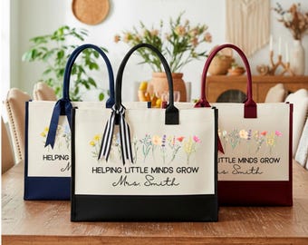 Personalized Floral Teacher Tote Bag, Helping Little Minds Grow, School Appreciation Bag