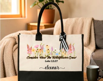Personalized Consider How The Wildflower Grow Tote, Custom Christian Tote, Christian Motivation Tote, Botanical Verse Tote, Luke 12 27 Tote