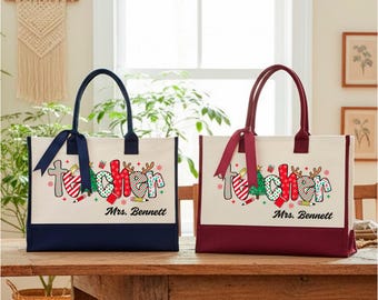 Personalized Christmas Teacher Tote Bag, Custom Holiday Educator Tote, Festive Teacher Bag, Holiday Teacher Tote, Custom Name Xmas Tote Bag