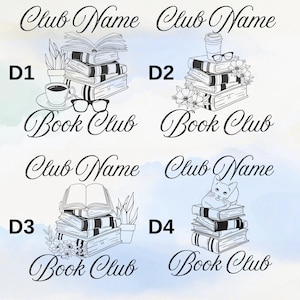 four different illustrations of books and a cat, each with a unique title and caption. The illustrations are arranged in a grid format, with each row representing a different book title and caption. The titles and captions are written in a stylized font, and the overall layout is simple and straightforward.