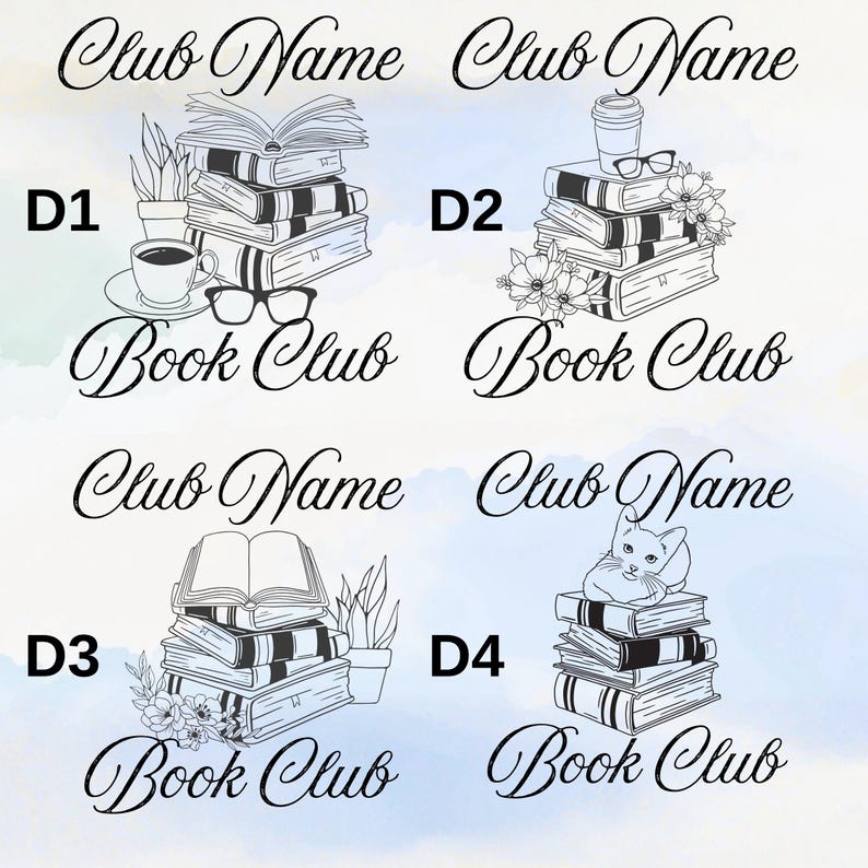 four different illustrations of books and a cat, each with a unique title and caption. The illustrations are arranged in a grid format, with each row representing a different book title and caption. The titles and captions are written in a stylized font, and the overall layout is simple and straightforward.