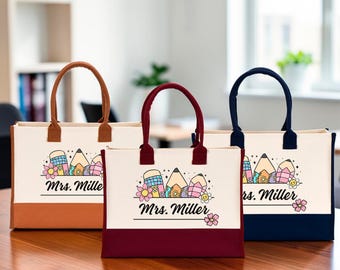 Personalized Teacher Tote Bag, Floral Pencil Design, Back to School Gift
