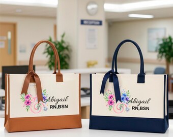 Personalized Nurse Tote Bag, Custom BSN, RN Tote Bag, Floral Nurse Stethoscope Tote Bag, Nurse Week Tote Bag, Nursing Appreciation Tote Bag
