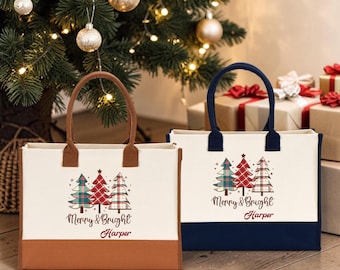 Personalized Merry Christmas Tote, Custom Merry and Bright Holiday Tote Bag, Custom Name Plaid Tree Holiday Tote Bag, XMas Party Tote Bag