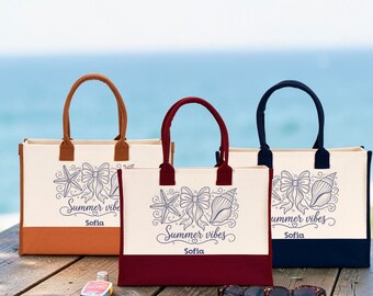 Custom Summer Vibes Tote Bag, Hello Summer Canvas Bag, Personalized Summer Vacation Bag, Coastal Name Tote Bag, Beach Trip Tote Bag