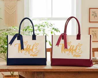 Personalized Thankful Tote Bag, Custom Thanksgiving Holiday Market Tote, Thanks for Coming Favor Tote, Thanksgiving Gift, Autumn Fall Tote