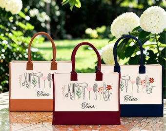Personalized Floral Hair Stylist Tote Bag, Custom Name Salon Bag (Laminated Cotton)
