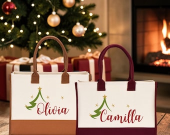 Personalized Christmas Tree Tote, Laminated Cotton Holiday Shopping Bag (Custom Name)