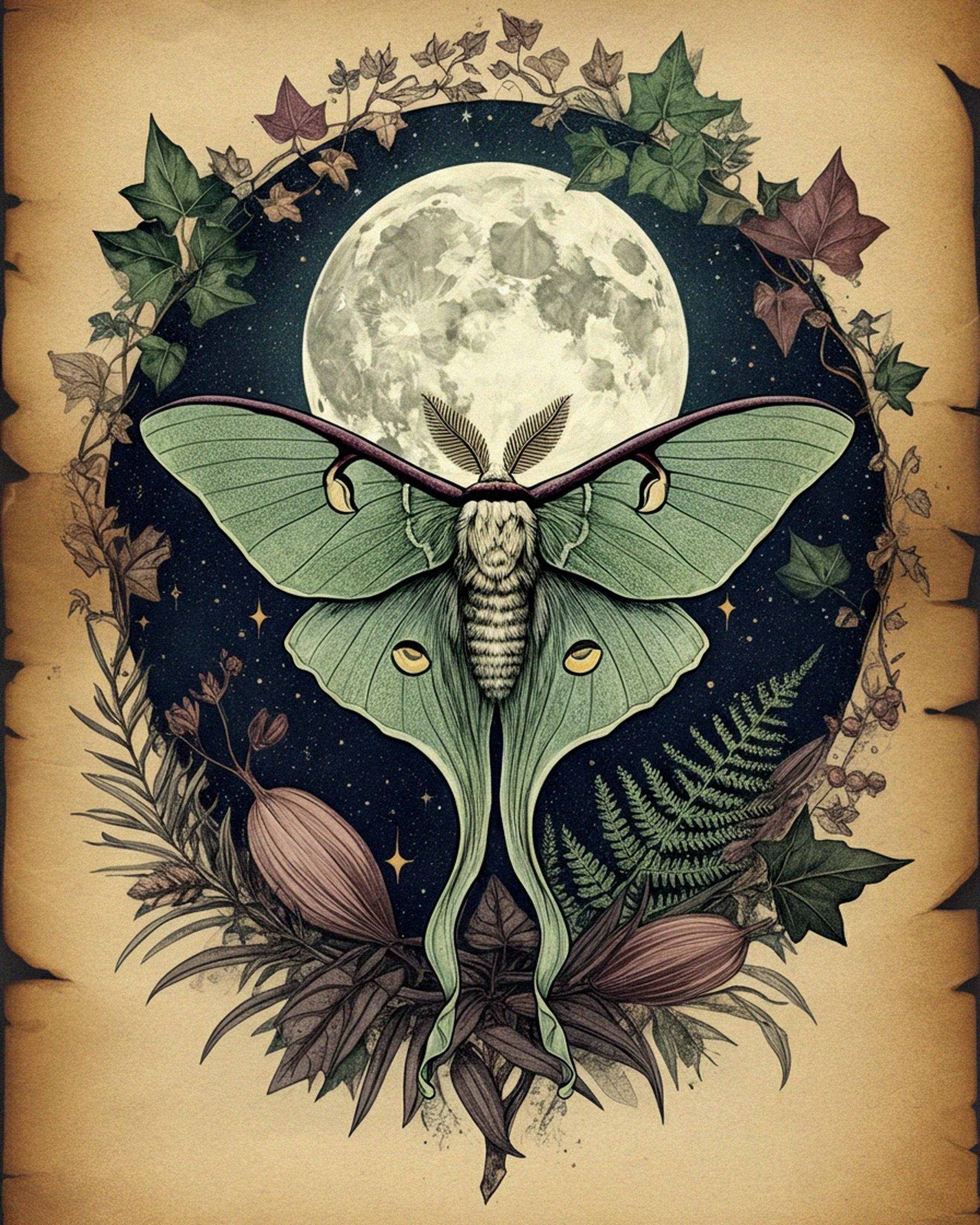 Luna Moth and Full Moon Print - Celestial Botanical Illustration With ...