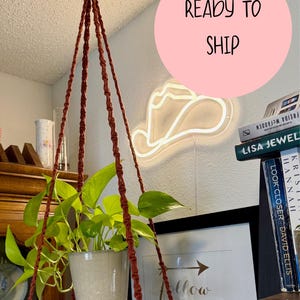 Macrame Plant Shelf Hanger Ready to Ship | Rust Red Hanging Shelf | Boho Plant Holder with Plate | 36 Inch Long