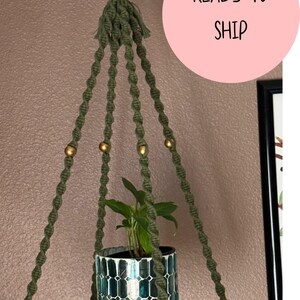 Macrame Plant Shelf Hanger Ready to Ship | Olive Green Hanging Plant Holder | Boho Plate Holder | 28 Inch Medium