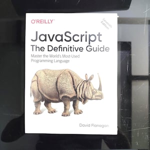 May include: A white book titled "JavaScript The Definitive Guide" by David Flanagan. The cover features a detailed illustration of a rhinoceros. The book is published by O'Reilly and is the seventh edition.