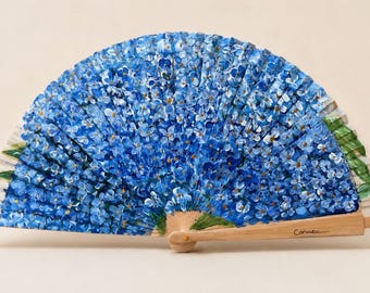 Hand-painted blue floral fan | Unique piece | Wood and fabric